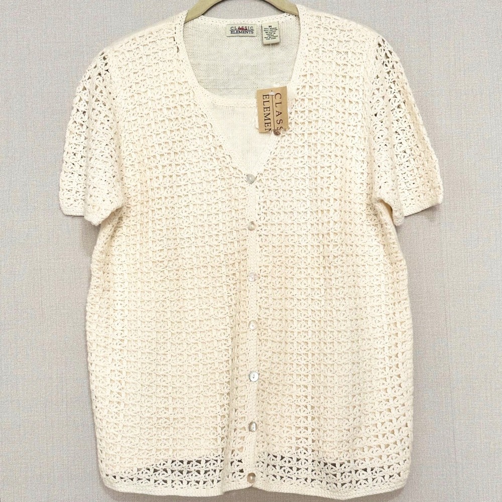 Vintage Ivory Cream Crochet Short Sleeve Sweater Womens Medium New Cottagecore